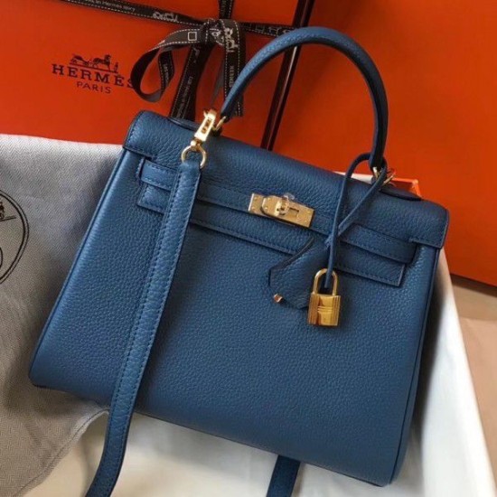 Replicas Hermes Kelly 25cm Bolso Sellier Clemence Cuero Azul Imitacion Baratos