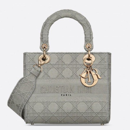 Replicas Bolso Dior Lady D-Lite mediano con bordado Cannage gris Baratos