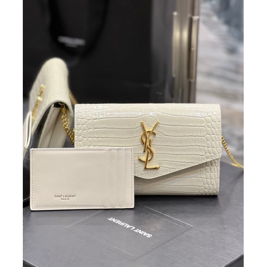 Replica YSL Saint Laurent Uptown Cartera con cadena en cuero brillante con relieve de cocodrilo Blanco Baratos Imitacion