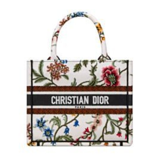 Replicas Christian Dior Small Dior Book Tote Blanco Multicolor Bordado Dior Petites Fleurs Baratos