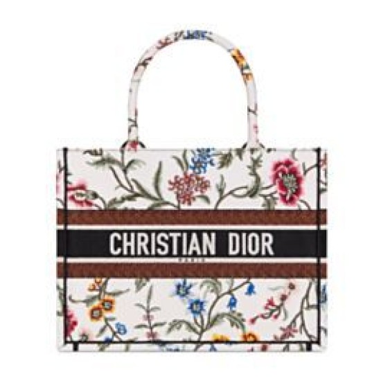 Replicas Christian Dior Medium Dior Book Tote Blanco Multicolor Bordado Dior Petites Fleurs Baratos