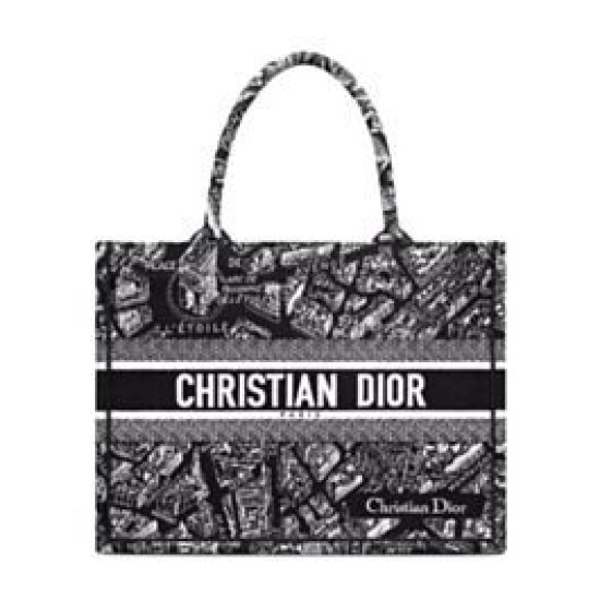 Replicas Christian Dior Bolso mediano Dior Book Tote bordado con motivo Plan de Paris Negro Baratos