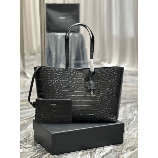 Replicas YSL Saint Laurent Shopping Tote Bag Cocodrilo Estampado Cuero Negro Baratos