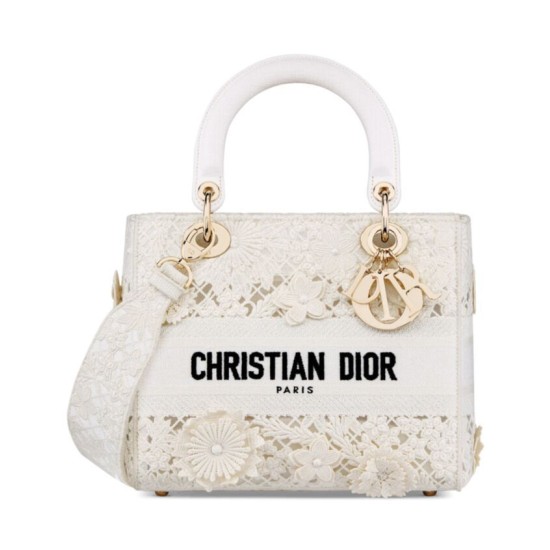 Replicas Bolso Christian Dior Lady D-Lite Mediano Bordado Con Motivo D-Lace Natural Blanco Baratos Imitacion