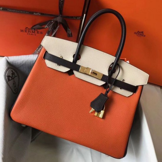 Replicas Hermes Tri-Color Birkin 30cm Bolso Naranja/Blanco/Negro Baratos Imitacion