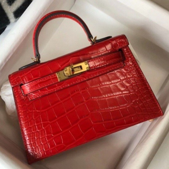 Replicas Hermes Kelly Mini II Bolso en relieve Cocodrilo Rojo Baratos Imitacion