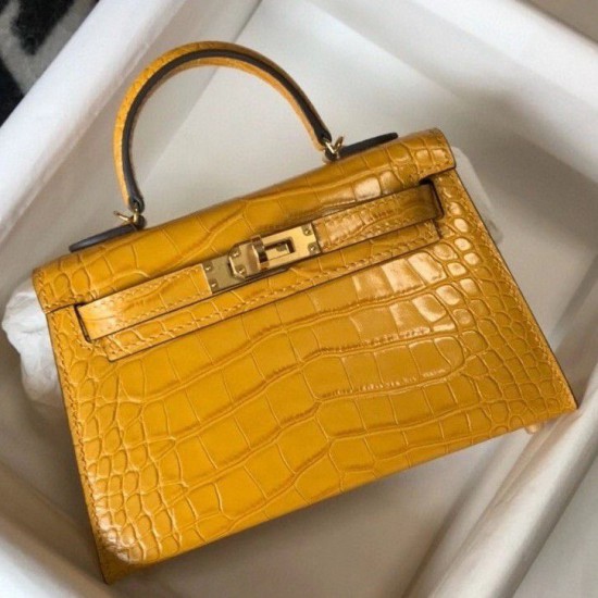 Replicas Hermes Kelly Mini II Bolsa en relieve cocodrilo amarillo Baratos Imitacion