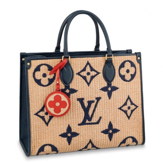 Replicas Bolso Louis Vuitton OnTheGo MM en rafia con cuero azul M57723 Baratos Imitacion