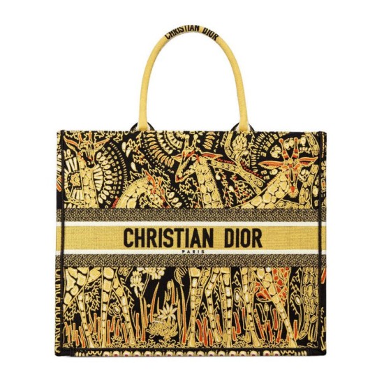 Replicas Christian Dior Book Tote Dior Animals Bolsa de lona bordada amarilla Baratos Imitacion