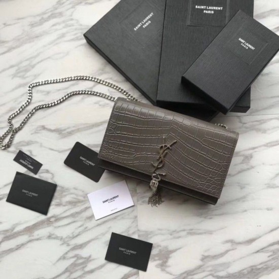 Replicas Hombro Saint Laurent Medio Kate Monogram Cocodrilo Bolsa Gris Baratos Imitacion